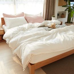 J Kawaii Washed Ball Duvet Cover Set White Pink Bedding Set Comforter Bedding Set Queen 210319