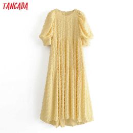 Tangada fashion women solid yellow tassel dress summer short sleeve ladies vintage midi dress vestidos 3H50 210609