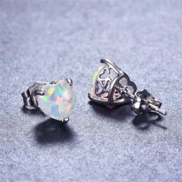 Stud Female Fashion Love Heart Earrings Cute White Blue Opal Stone Simple Bride Silver Color Wedding For Women