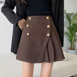 WERUERUYU Autumn Double breasted Mini Skirt Female High Waist Plaid Woolen Skirts Winter A-line Pleated Thick Shorts Skirt 210608