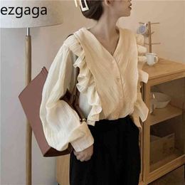 Ezgaga Blouse Women V-Neck Long Sleeve Spring Tender Loose Ruffles Solid Korean Chic All-Match Ladies Shirts Fashion Blusas 210430