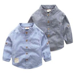 Spring Autumn 2 3 4 6 8 10 Years Design MANDARIN COLLAR Long Sleeve Pocket Classic Striped Shirts For Kids Baby Boys 210701