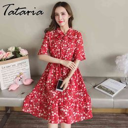Tataria Women Casual Short Sleeve Dress Print Fashion Elegant es High Waist Long T-shirt Beach 210514
