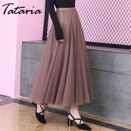 Tulle Skirts Womens Midi Pleated Women Spring High Waist A Line Mesh Tutu Female Elastic Long 210514