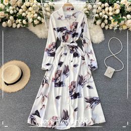 LoveFlowerLife Korean Retro Turndown-Collar Button A-line Dress Spring Boho Casual Vacation Long Dress Women Elegant Print Dress 210521