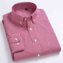 Men's Standard-Fit Long-Sleeve Micro-Check Shirts Patch Pocket Thin Soft 100% Cotton White/red Lines Checked Plaid Casual Shirt 210708