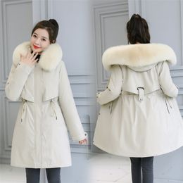 Down Jacket Ladies Cotton Lining Winter Parka Coat Parker Fashion Plus Velvet Thick Medium Long Hooded 210819