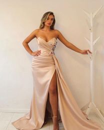 Plus Size Arabic Aso Ebi Champagne Beaded Crystals Prom Dresses Sweetheart High Side Split Evening Formal Dress Party Wear Second 2957