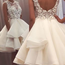 2021 Neue schöne kurze Spitze ärmellose Brautkleider knielange Illusion O-Ausschnitt Brautkleider für die Braut mit Rückenausschnitt