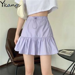 Harajuku Punk Ruffled Mini Pleated Skirt Ladies Summer High Waist Drawstring Short Skirts Women Fashion Korean Streetwear 210619