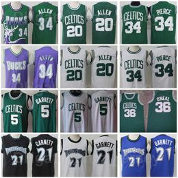 Vinatge Basketball 5 21 Kevin Garnett Jersey 34 Paul Pierce 20 Ray Allen Retro Embroidery And Stitched Green Black White Blue Team Colour