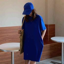 Women Casual Loose Solid T Shirt O Neck Mini Dress Short Sleeve Basic Dresses Vestidos 210522