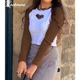 Rockmore Brown Patchwork Leopard Heart T Shirt Women Y2K Long Sleeve Cropped Casual Skinny Basic Cotton T-Shirt Autumn Tee Tops 210324
