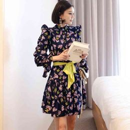 Autumn Sweet Letter Love Print dress Women Stand Collar Flare Sleeve Ruffles Slim A-Line Party Mini Dress with sashes 210529
