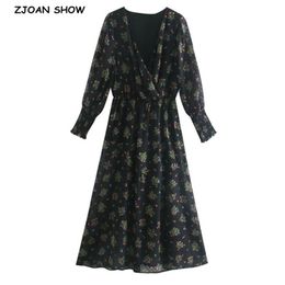 Vintage Cross V neck 3D dot Floral Print Women Chiffon Dress Elegant Long Sleeve Elastic Waist Ankle Length Dresses Holiday 210429