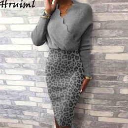 Fashion Clothing Leopard V Neck Long Sleeve Knitted Dress Hips Skinny Casual Office Lady Knee Length Party Vestidos Cortos 210513