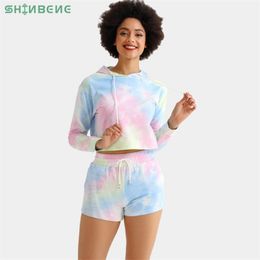 SHINBENE Tie Dye Crop Sweater+Leisure Shorts Gym Sport Sets Women Cotton Hooded Fitness Workout Long Sweater+Shorts 2Pcs/Set 210802