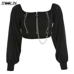 ITOOLIN Goth T-Shirt Zip Up Crop Top Women Off Shoulder Tees Chains Long Sleeve Y2k T-shirts Gothic Dark Black Vintage Clothes 210324