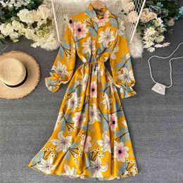 Spring Autumn Women's Dress Korean Floral Puff Sleeve Bottoming Chiffon Stand-up Collar Waist Slimming es GX046 210507