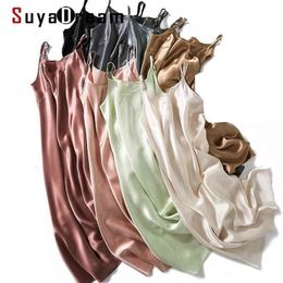 SuyaDream Women Silk Sleepdress 100%REAL Silk Satin Spaghetti Strap Long Nightgowns Summer New Home Dresses 210325