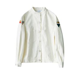 PERHAPS U Women Outwear Jean Denim Bomber Jacket Pocket Button White Embroidery Geometric Shoulder C0007 210529