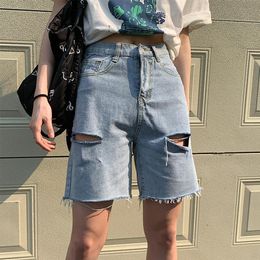 High waist denim shorts women's five-point pants summer loose and thin Korean version of A-line wide-leg 210429