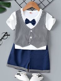 Toddler Boys Striped Bow 2 In 1 Tee & Pinafore Shorts SHE