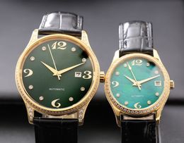 Classic Couple Watch Automatic Mechanical Wrist Watch sport calendar clock Casual leather strap Green Dial for Male Female