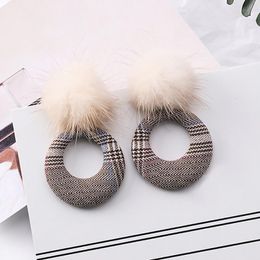 fabric jewellery Australia - Dangle & Chandelier Latest Design Korean Vintage Cloth Fabric Houndstooth Loop Drop Earrings With Mink Hair Pom Women's Chic Jewellery