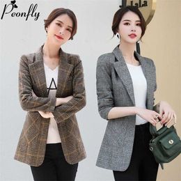 PEONFLY Vintage Office Lady Notched Collar Plaid Women Blazer Single Button Autumn Jacket Casual Pockets Female Suits Coat 211006