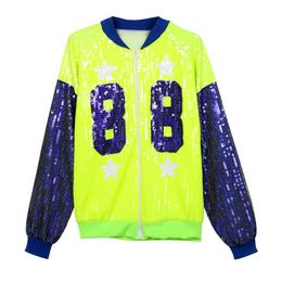 PERHAPS U Women Fluorescent Green Orange Silver Letter Digital Sequined Zipper Long Sleeve Bomber Jacket Baseball Uniform C0447 210529