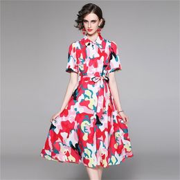 Runway Designer Fashion Printing Party Dress Summer Women Short Sleeve Vintage Casual Shirt Dresse 210519