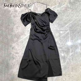 Black Patchwork Diamond Dress For Women V Neck Short Sleeve High Waist Off Shoulder Sexy Dresses Female Fashion 210520