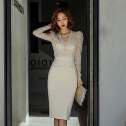 Spring Autumn Women Dress Elegant Lace Patchwork Hollow Out Formal Party Bodycon Office Lady Work 210514