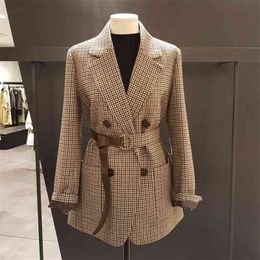 Spring Autumn Blazer Vintage Double Breasted Office Ladies Plaid with Belt Long Sleeve 210514