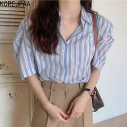 Korejpaa Women Shirt Summer Korean Chic Sweet Fresh Blue Striped Lapel Single-Breasted Loose Casual Puff Sleeve Blouses 210526