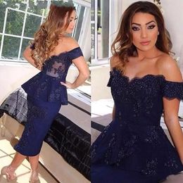 prom Dresses Dark Navy Short Knee Length Off Shoulder Backless Lace Applique Sequins Beads Evening Party Gowns Formal Dress