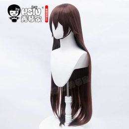 HSIU game Genshin Impact cosplay Amber wig dark brown long hair + Free gift brand cap Y0913