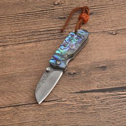 Small Damascus Pocket Folding Knife Damascuss Steel Blade Abalone shell + Stainless Steels Sheet Handle EDC Gift Knives