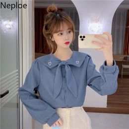 Neploe Preppy Style Shirts Bow Embroidery Loose Blouses Women Korean Fashion Turn-down Collar Long Sleeve Sweet Blouse Tops 210422