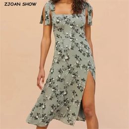 Summer French Flower Print Women Dress Bodycon Adjust Tie Bow Strap Sleeveless Sexy Beach Party Vintage 210429