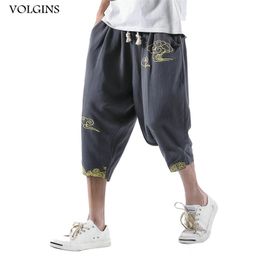Streetwear Summer Men Sweatpants Cotton Linen Embroidery Loose Harem Jogger Pants Casual Fitness Trousers Plus Size 5XL 210714