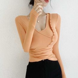 WOMENGAGA Korean spring summer slim sexy female V-neck long sleeve T-shirt solid two piece top tops korean G8HB 210603