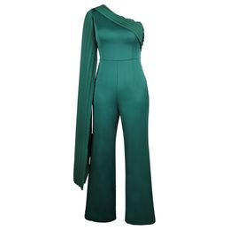 Women Bodycon One Shouder Jumpsuit Evening Party Wear Pleated Wide Leg Pants Celebrate Event Occasion Overalls Plus Size XXL 210527