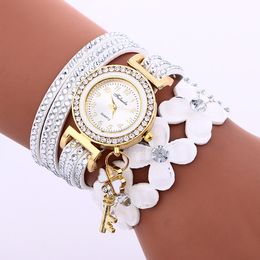 Flower Crystal Design Wristwatches Long Chain Bracelet Watch Golden Key Pattern Ladies Dress Quartz Watches Blosom Full band Bracelets Wristwatch Clock