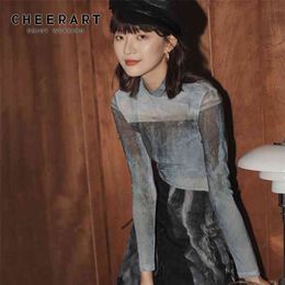 CHEERART Ocean Print Mesh Top Long Sleeve Turtleneck T Shirt Women Sheer Transparent Fashion Tee Aesthetic Clothes 210623