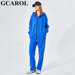 GCAROL Fall Winter Women Zip UP 80% Cotton Long Hooded Sets Drop Shoulder Fleece Jacket Elastic Waist Wide Leg Pants Tracksuit 211116