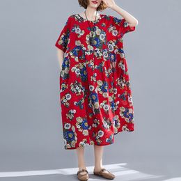 Johnature Women Red Print Floral Dresses High Waist Summer Cotton Blend Casual Women Clothing Short Sleeve Dresses 210521