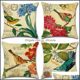 Cushion/Decorative Pillow Home Textiles & Garden Watercolour Flower Birds Cushion Er Hummingbird Decorative Pillowcase For Sofa Decor Throw C