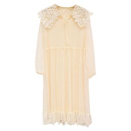 Spring Autumn Pink Beige Loose Square Collar Long Sleeve Mesh Knee Length Dress Lace D1010 210514
